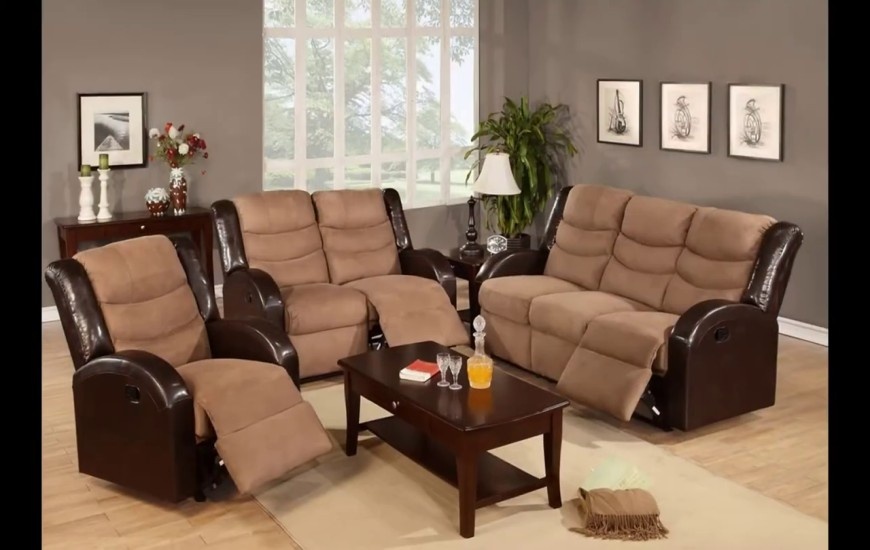 arrangement of reclining sofa and loveseat with free space